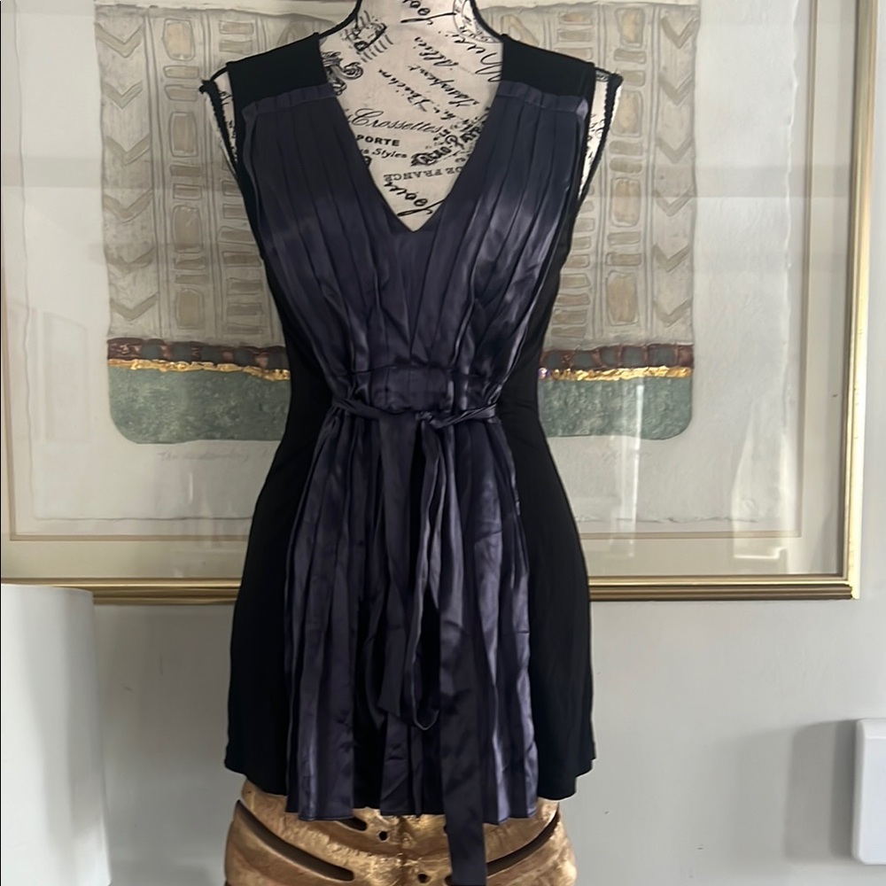 BCBGMaxAzria Black and Purple Tie Front Asymmetrical Blouse